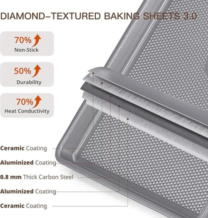 HONGBAKE 3 Pack Nonstick Ceramic Baking Sheet Pan Set for Oven, Non-Toxic Half/Quarter/Jelly Roll Pans with Diamond Texture, 0.8mm Aluminized Steel Cookie Trays for Cooking, Charcoal Gray - Image 3