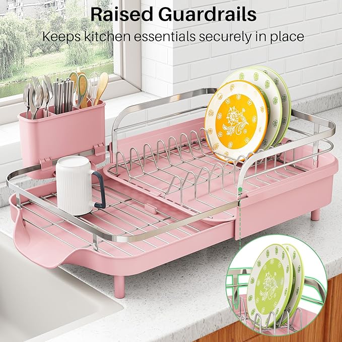 SAYZH Dish Drying Rack - Expandable Dish Rack for Kitchen Counter, Rust-Resistant Dish Drainer with Utensil Holder and Raised Guardrail, Kitchen Organizer for Cup and Bottle (Pink) - Image 5