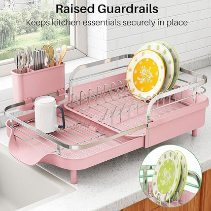 SAYZH Dish Drying Rack - Expandable Dish Rack for Kitchen Counter, Rust-Resistant Dish Drainer with Utensil Holder and Raised Guardrail, Kitchen Organizer for Cup and Bottle (Pink) - Image 5