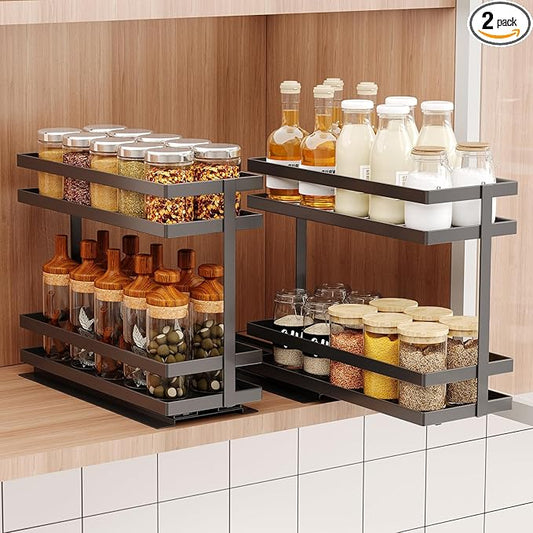 Mustorn 2 Pack Pull Out Spice Rack Organizer for Cabinet, 2 Tier Metal Slide Out Seasoning Organizer and Storage Heavy Duty Vertical Spice Rack Shelf Pullout for Kitchen Cabinets No Drilling (Black) by MUSTORN