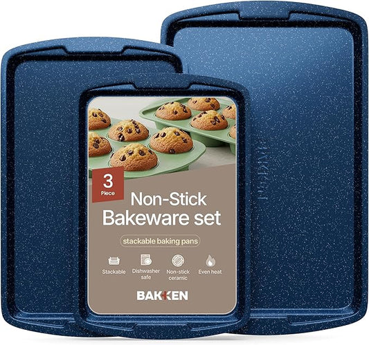 BAKKEN Kitchen Baking Pan Set - Nonstick Coating, Commercial Grade Carbon Steel Bakeware Sets, Baking Kitchen Essentials, PFOA, PFOS, PTFE Free, Oven Safe Tray (Up To 450° F), Set of 3, Blue Marble by Unknown