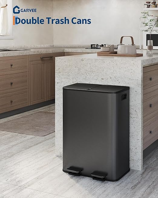 Garvee Double Trash Can, 2 x 8 gal (2 x 30 L) Garbage Can for Kitchen Dual Compartment Recycling Kitchen Step Trash Bin, Stainless Steel Trash and Recycle Bin Combo with Soft-Close Lid,Black - Image 2