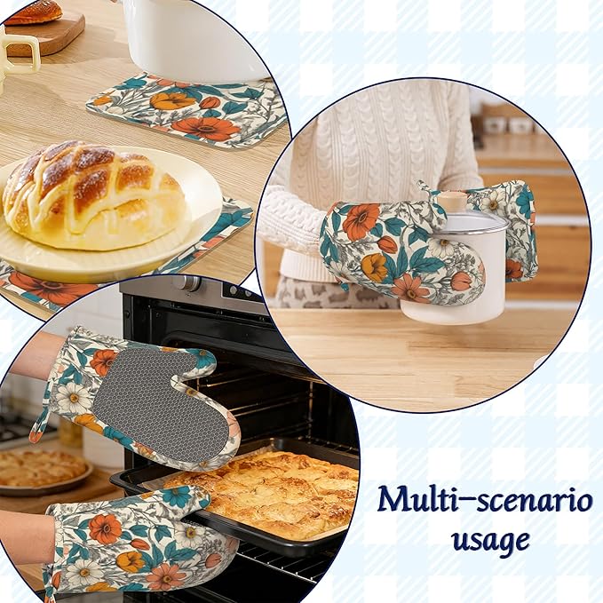 Vintage Floral Potholders & Oven Mitts Sets Abstract Flowers Silicone Heat Resistant Oven Mits and Hot Pads Non-Slip Pot Holders Gloves for Kitchen Chef Cooking Baking Grilling BBQ