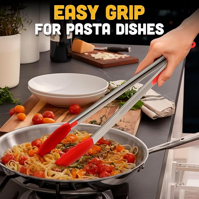 Salad Tongs - 17.3" Extra Long Tongs with Silicone Tip & Stainless Steel Frame for Salad Mixing & Serving, Safe Turning of Steaks, Burgers & Veggies - Easy-Lock Handle, Non-Slip Grip & Storage Loop - Image 6