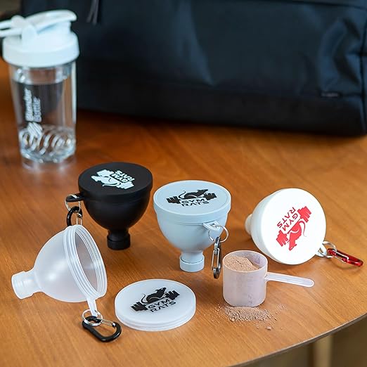 Protein Powder Funnel Set - Travel Protein Powder Container to Go with Carabiner & Reinforced Caps to Stop Spills - Protein & Pre Workout Powder Supplement Funnel for Bottles & Shakers - 4 Pack - Image 8