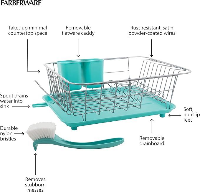 Farberware Compact Dish Drying Rack with Frost Sink Brush, Removable Drainboard and Flatware Caddy, Holds 9 Plates - Teal, Rust-Resistant for Small Kitchens - Image 7
