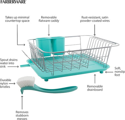 Farberware Compact Dish Drying Rack with Frost Sink Brush, Removable Drainboard and Flatware Caddy, Holds 9 Plates - Teal, Rust-Resistant for Small Kitchens - Image 7