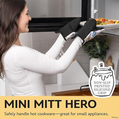 Disney Oven Mitts 2-Pack - 5.5” x 7.5” Heat-Resistant Mini Oven Mitts with Non-Slip Printed Silicone Disney Silhouettes - Pot Holders for Kitchen - Mickey & Minnie, Stitch, Winnie the Pooh