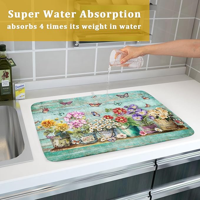 Spring Floral Rustic Dish Drying Mat for Kitchen Counter Absorbent Microfiber Large Drying Pad 18 x 24 Inch Flowers Jars - Image 7