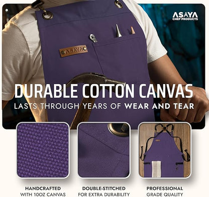 Asaya Chef and BBQ Apron with Bottle Opener and Hand Towel - 10oz Cotton Canvas, Stainless Steel Hardware - Cross Back Straps - Image 3