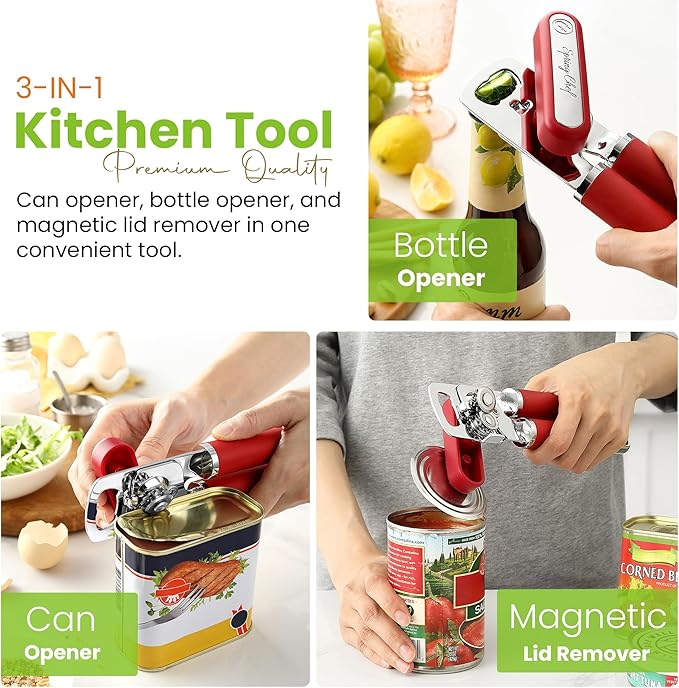 Spring Chef Stainless Steel Can Opener - Manual with Soft Grip Handles, Easy Turn, Heavy Duty Hand Can Opener for Seniors with Smooth Edge - Red - Image 4