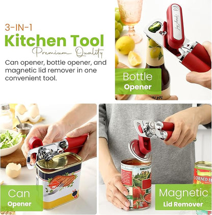 Spring Chef Stainless Steel Can Opener - Manual with Soft Grip Handles, Easy Turn, Heavy Duty Hand Can Opener for Seniors with Smooth Edge - Red - Image 4