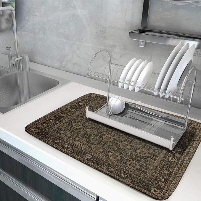 Brown Antique Tabriz Rug Dish Drying Mat for Kitchen Counter,Retro Turkish Vintage Floral Block Print Drying Mat 18 x 24 Inch with Absorbent Reversible Microfiber Drying Pad for Coffee Bar - Image 5