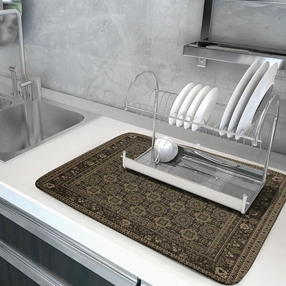 Brown Antique Tabriz Rug Dish Drying Mat for Kitchen Counter,Retro Turkish Vintage Floral Block Print Drying Mat 18 x 24 Inch with Absorbent Reversible Microfiber Drying Pad for Coffee Bar - Image 5