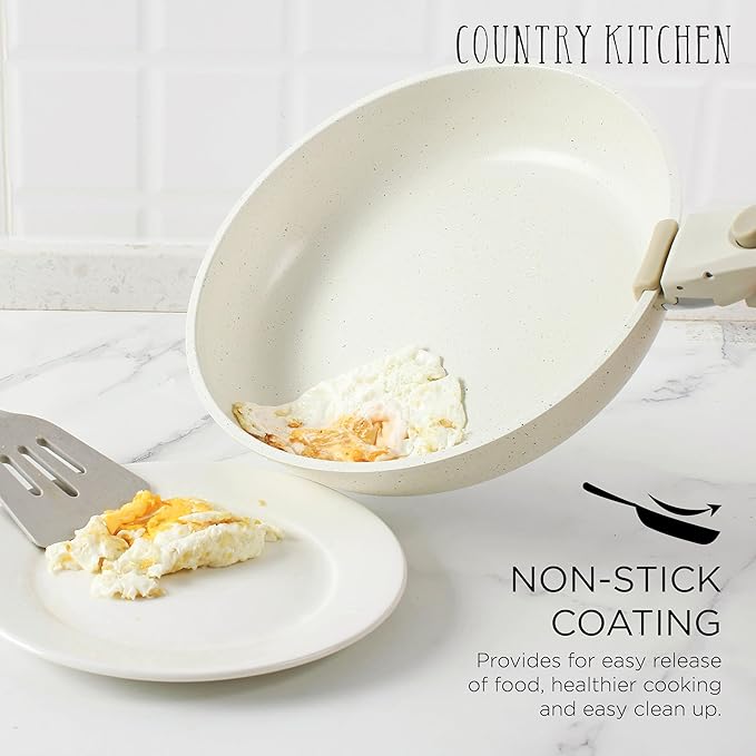 Country Kitchen Cookware Set with Removable Handle, Oven & RV Safe Pots and Pans Set, Cream, Deluxe Larger Set - Image 7