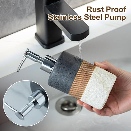 Ceramic Dish Soap Dispensers Set(2 Pack), Hand, Dish, Shower Soap Dispenser for Kitchen Sink & Bathroom, Includes Stainless Steel Pump, Silicone Funnel & Diatomaceous Holder, Black