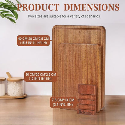 Solid Teak Wood Cutting Board Set One Piece Non Glued Large Thick Crack Resistant Wooden Chopping Board with DeepJuice Grooves Built in Handles for Kitchen Meat Vegetable 15.8x11 IN &12X8 IN