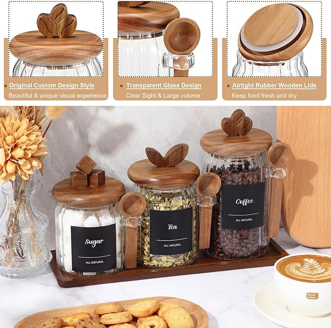 Suclain 3 Pcs Glass Coffee Container with Acacia Wood Lid & Spoon, 25oz, 20.3oz, 15oz Airtight Glass Jar with Wooden Shelf, Food Storage Containers Coffee Jar Tea Container(Acacia Color) - Image 3