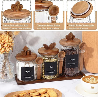 Suclain 3 Pcs Glass Coffee Container with Acacia Wood Lid & Spoon, 25oz, 20.3oz, 15oz Airtight Glass Jar with Wooden Shelf, Food Storage Containers Coffee Jar Tea Container(Acacia Color) - Image 3