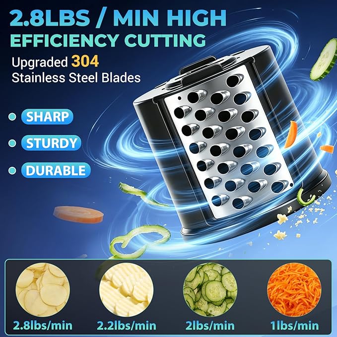 5-IN-1 Electric Cheese Grater, 800W Stainless Steel Electric Salad Machine, 3S Efficient Cutting, Electric Cheese Grater for Block Cheese, Potato, Carrot, Cabbage, Fruits, Nuts（Silver）