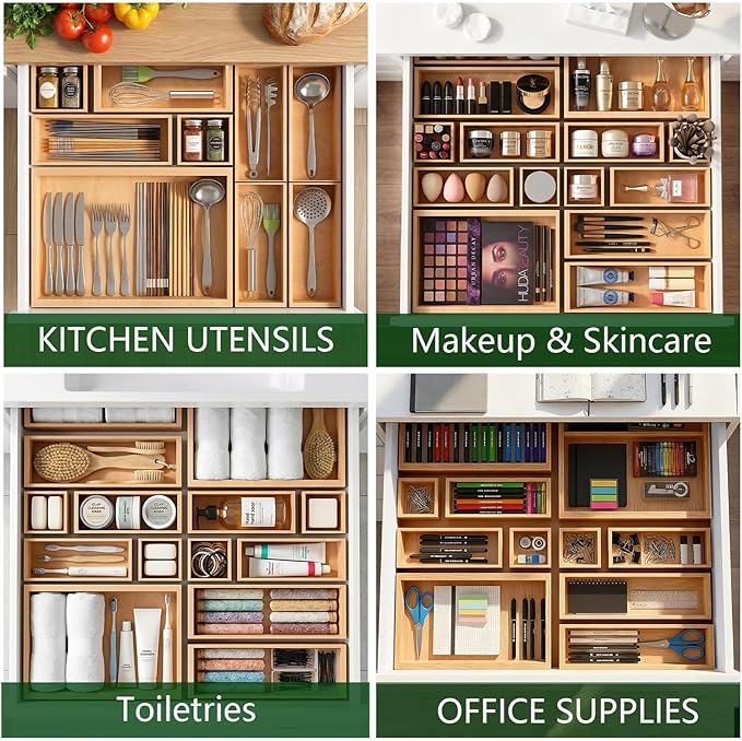 Bamboo Drawer Organizer 14 Pcs for Kitchen Multi-purpose Storage Dividers for Kitchen, Office, Jewelry, Cosmetics, Wooden Drawer Dividers for Drawer Organizer Desk Organizer Gift for Women Gifts Idea - Image 3