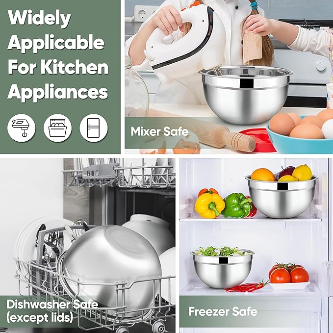 TeamFar Mixing Bowls with Lids, 5-Piece Stainless Steel Metal Nesting Salad Bowl for Mixing Prepping, Healthy & Heavy Duty, Airtight Lids & Dishwasher Safe, 4.5/3/1.5/1/0.7 QT-Khaki - Image 7