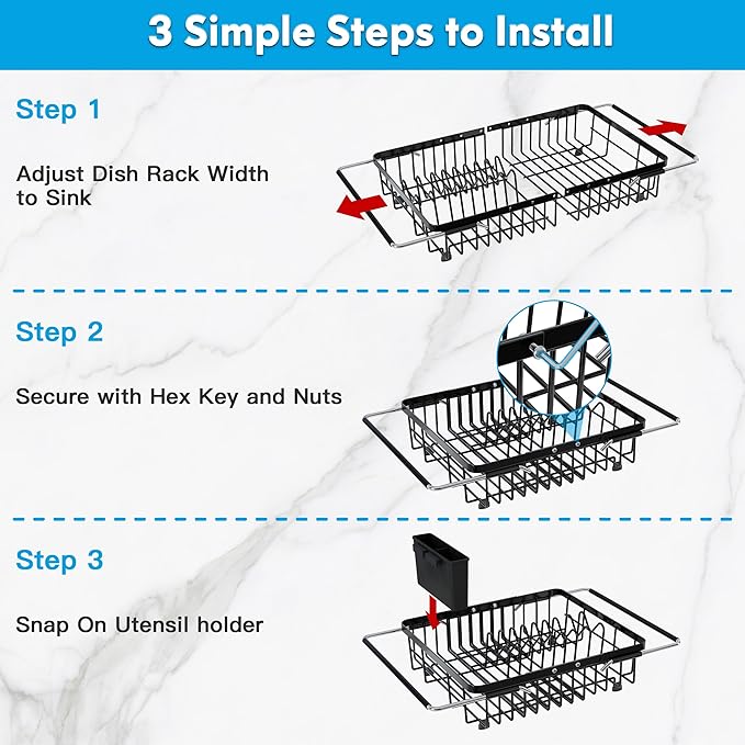 Expandable Stainless Steel Dish Drying Rack Over The Sink For Small Kitchen, Counter Space Saving Compact Black Metal Plate Drain Strainer, Adjustable Hanging In Sink Rust Proof Wire Dryer Holder - Image 8