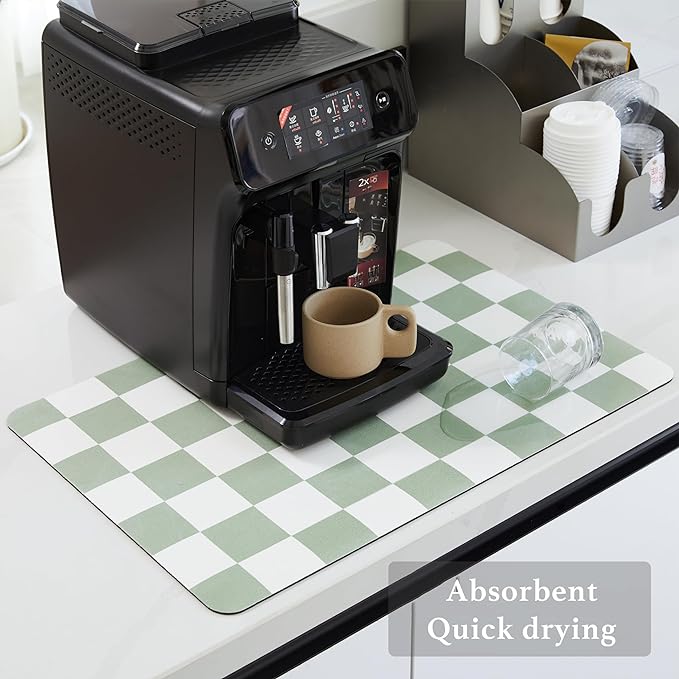 Ohocut Checkered Dish Drying Mat for Kitchen Counter, Coffee Bar Station Accessories, Retro Cute Aesthetic Modern Absorbent Drainer Mat Kitchen Drying Mat Easy Clean, Sage 12" x 19" - Image 4