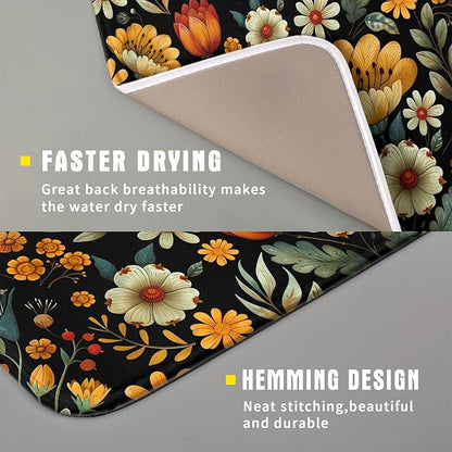 Vintage Boho Floral Dish Drying Mat for Kitchen Counter,Yellow Beige Black Spring Flower Drying Mat 16 x18 Inch with Absorbent Reversible Microfiber Drying Pad for Coffee Bar - Image 3