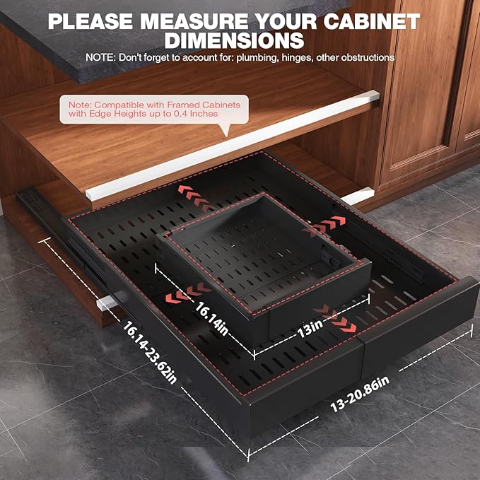 Seinloes 2 Pack Pull Out Cabinet Organizer Expandable Width(13"-21") and Depth(17"-24"),Slide Out Drawers with Raising Pad for Framed Cabinets,No Drill Roll Out Shelves for Kitchen,Bathroom,Black - Image 5