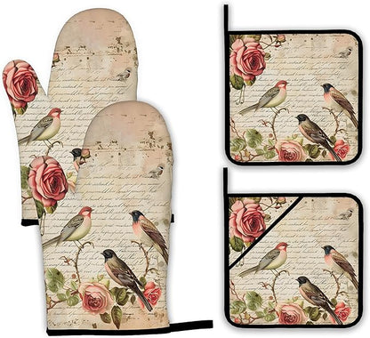 Vintage Bird Oven Mitts and Pot Holders,Pink Rose Flower Heat Resistant Oven Mitts Gloves and Pot Holder for Home Kitchen Decorations Cooking Baking BBQ Gifts,Set of 4