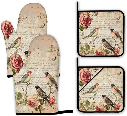 Vintage Bird Oven Mitts and Pot Holders,Pink Rose Flower Heat Resistant Oven Mitts Gloves and Pot Holder for Home Kitchen Decorations Cooking Baking BBQ Gifts,Set of 4