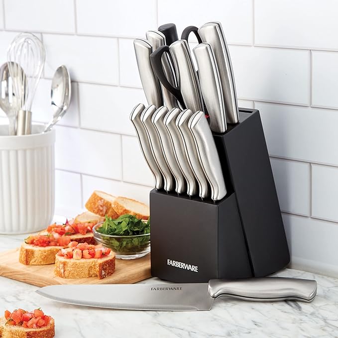 Farberware 15-Piece Kitchen Knife Set, High-Carbon Stainless Steel Blades with Wood Block, Steak Knives, Sharpening Tool & All-Purpose Shears, Razor Sharp, Ergonomic Stainless Steel Handles - Image 5