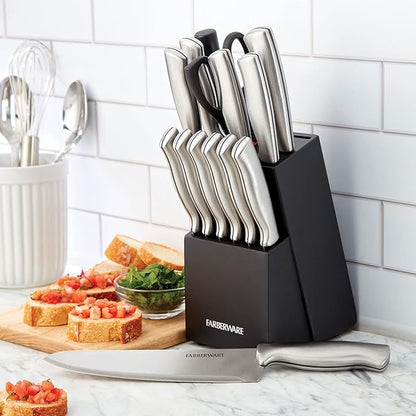 Farberware 15-Piece Kitchen Knife Set, High-Carbon Stainless Steel Blades with Wood Block, Steak Knives, Sharpening Tool & All-Purpose Shears, Razor Sharp, Ergonomic Stainless Steel Handles - Image 5