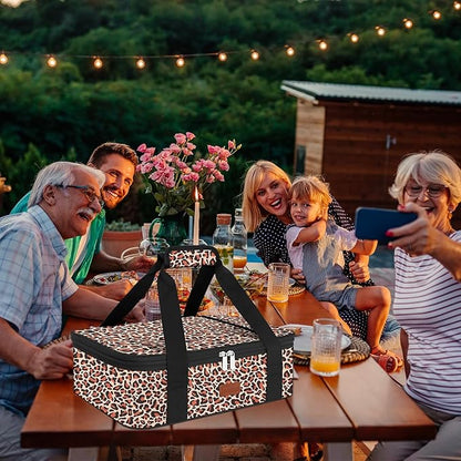 Insulated Casserole Carrier Bag, Expandable Thermal Food Carrier Insulated Travel Carry Bag for Hot or Cold Food for Picnic Cookouts Potluck Parties Fits 9" x 13" Baking Dish (Leopard)