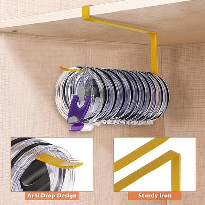 2 Pack Tumbler Lid Organizer, Horizontal Tumbler Lid Storage Hook to Hold Up 20 Lids, Space Saving Cup Lid Holders Under Cabinet Tumbler Lid Hook for Kitchen Organizer, Paper Towel Rack Hanger (Gold) - Image 4