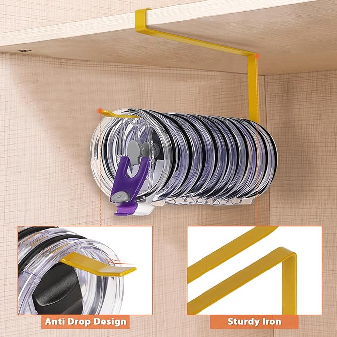 Tumbler Lid Organizer, Horizontal Tumbler Lid Storage Hook Up to 10 Lids, Space Saving Cup Lid Holders Under Cabinet Tumbler Lid Hook for Kitchen Organizer and Storage, Paper Towel Rack Hanger (Gold) - Image 4