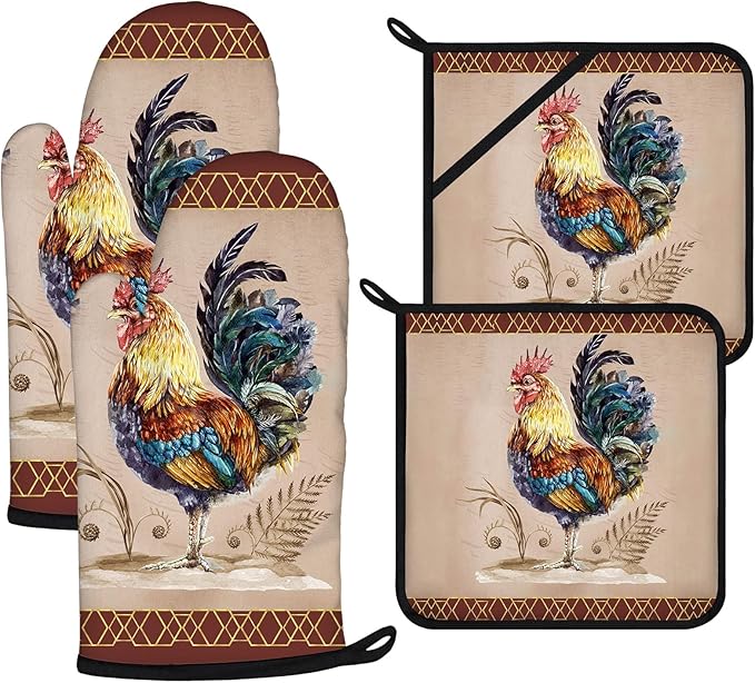 Rooster Oven Mitts and Pot Holders Sets 4Pcs,Extra Long Oven Gloves Potholder for Kitchen Cooking Baking BBQ 100% Cotton Heat Resistant by VisittheDuibelproduct