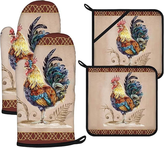 Rooster Oven Mitts and Pot Holders Sets 4Pcs,Extra Long Oven Gloves Potholder for Kitchen Cooking Baking BBQ 100% Cotton Heat Resistant by VisittheDuibelproduct