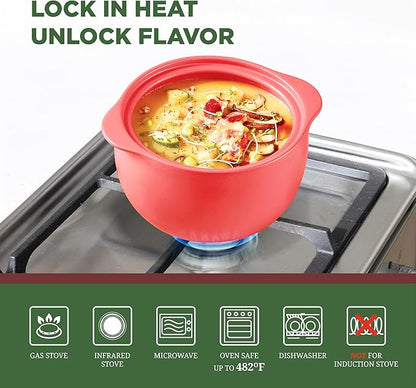 MINH LONG 1-Qt Porcelain Dutch Oven with Lid – Lead & Cadmium Free, Oven Safe to 482°F, Heat Retention, Clay Pot for Cooking on Gas & Infrared Cooktop, Use to Marinate, Cook, Bake, Refrigerate & Serve