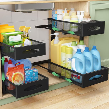 Under Sink Organizer, 2 Tier Pull out Cabinet Organizer Baskets with Mesh Sliding Drawers, Slide out Storage Shelf for Home, Kitchen, Bathroom, Pantry, Office Cabinet, Countertop(1 Pack) by Kitstorack