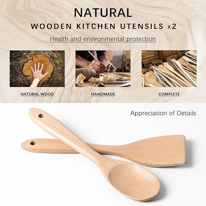 2pcs Wooden Spatula Spoon for Cooking, Thicker 12inch Coated Beech Wood Turners for Frying, Non-Scratch Flat Spurtle for Pan & Wok, Cooking Utensils for Non Stick Cookware, Long Handle Scraper - Image 3