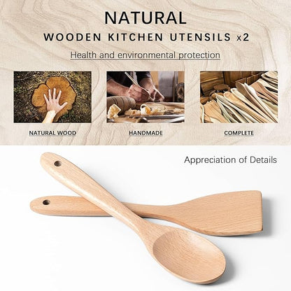2pcs Wooden Spatula Spoon for Cooking, Thicker 12inch Coated Beech Wood Turners for Frying, Non-Scratch Flat Spurtle for Pan & Wok, Cooking Utensils for Non Stick Cookware, Long Handle Scraper - Image 3