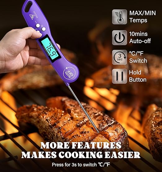 DOQAUS Digital Meat Thermometer, Instant Read Food Thermometer for Cooking with Backlit & Auto-Rotating Display, 4.6” Probe for Grilling, Baking, and Perfect BBQ - Purple - Image 5