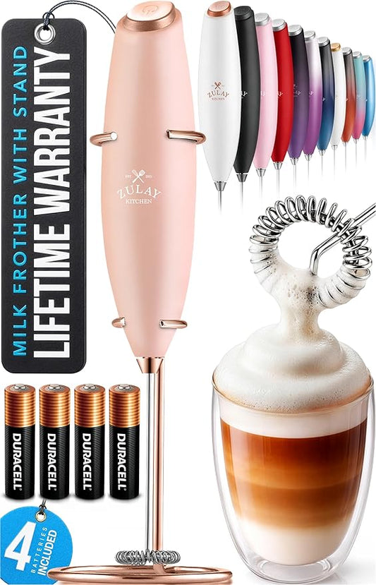 Zulay Kitchen Powerful Milk Frother Wand With 4 AA Duracell Batteries - Ultra Fast Handheld Drink Mixer - Electric Whisk Foam Maker for Coffee, Lattes, Cappuccino, Matcha & Creamer - Rose Peach by ZulayKitchen