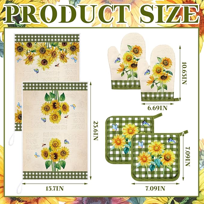 Leinuosen 6 Novelty Sunflower Kitchen Towels Kitchen Decor and Accessories Set Floral Plant Oven Mitts and Pot Holders Sets Farmhouse Absorbent Dish Towels for Cooking Baking Grilling - Image 3