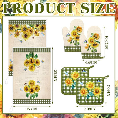 Leinuosen 6 Novelty Sunflower Kitchen Towels Kitchen Decor and Accessories Set Floral Plant Oven Mitts and Pot Holders Sets Farmhouse Absorbent Dish Towels for Cooking Baking Grilling - Image 3
