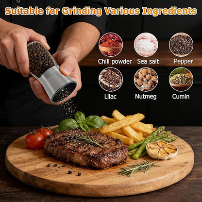 R DRURLCD Short Silver Premium Stainless Steel Salt and Pepper Grinder Set of 2，Adjustable Ceramic Mill - Manual Grinder for Salt, Pepper [No Spices Included]