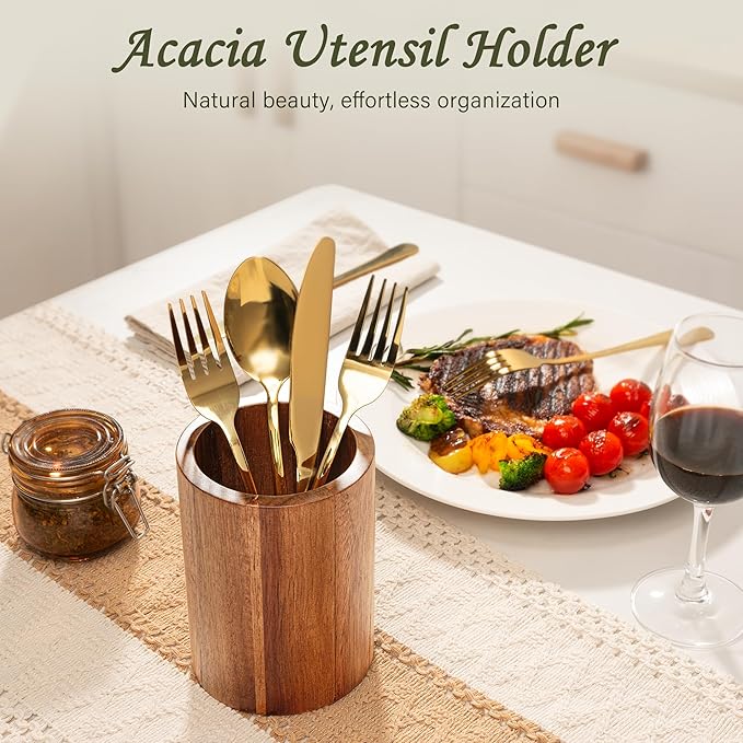 Criusia Utensil Holder 2 Pack, 360° Rotating Acacia Wood Cooking Utensil Crocks for Kitchen Counter, Farmhouse & Modern Decor, (1 Large,1 Small) - Image 8