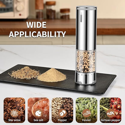 Rechargeable Salt & Pepper Grinder Set - Electric Automatic Grinder, Adjustable Coarseness, LED Light, One-Hand Operation, Stainless Steel & Acrylic, USB Charging, Silver (Set of 2)